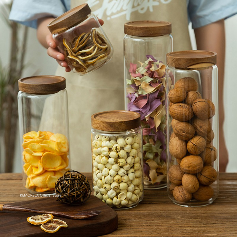 Food Storage With Glass Lids - Houten deksel Glazen luchtdichte bus Keukenopslag