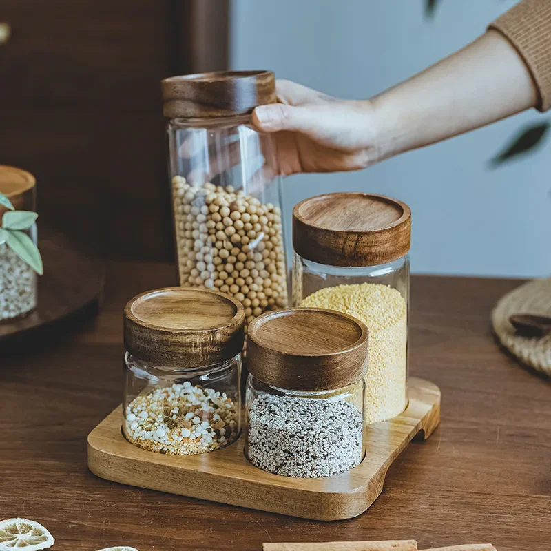 Food Storage With Glass Lids - Houten Deksel Orgnizer Glas Luchtdichte Bus