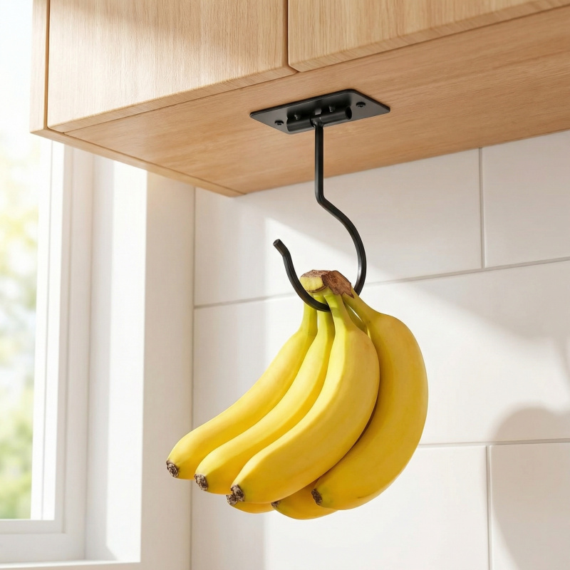 Food Storage Method - Zwart metalen zelfklevende bananenhaak opvouwbaar opbergrek