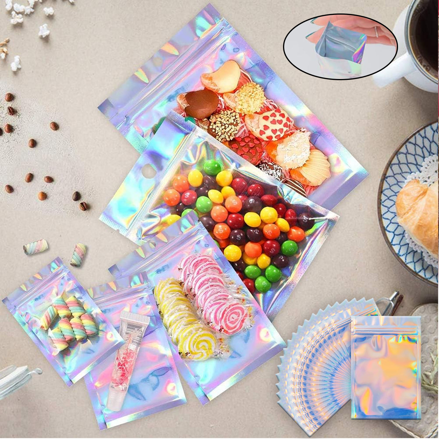 Food Storage In Mylar Bags - Hersluitbare holografische regenboog Mylar-zakken Geurbestendige ritssluitingszakjes